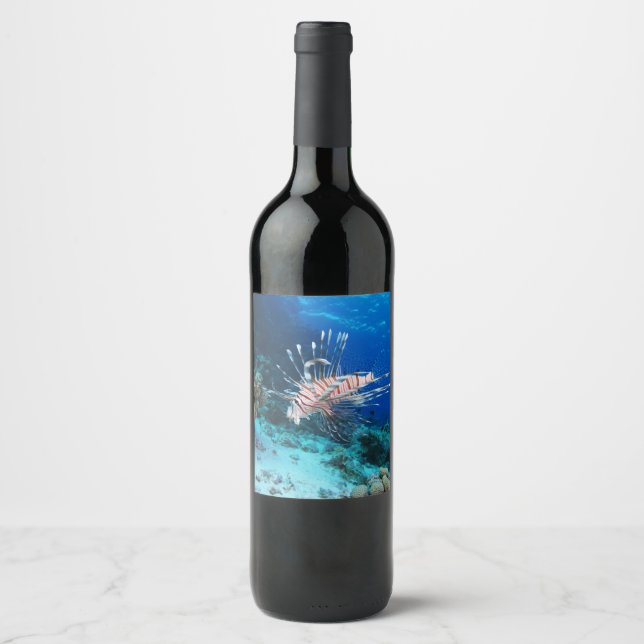 Lionfish or Pterois Miles, Ocean Reef Fish Wine Label (Front)