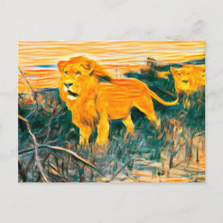 Lions art burned postcard