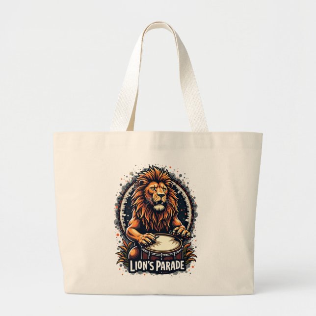 Lion's Drum Parade funny art : Majestic Lion Print Large Tote Bag (Front)