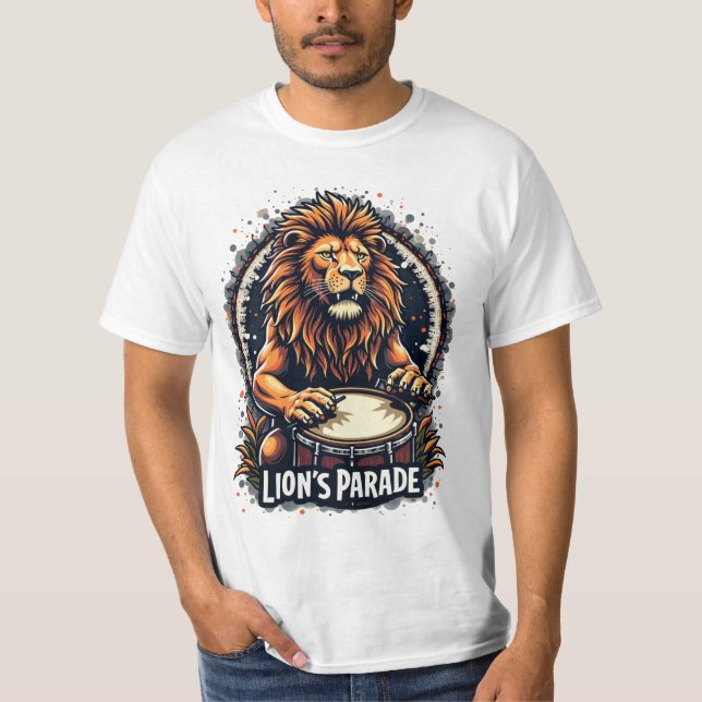 Lion's Drum Parade funny art : Majestic Lion Print T-Shirt (Front)