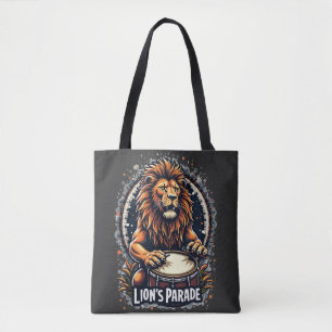 Lion's Drum Parade funny art : Majestic Lion Print Tote Bag