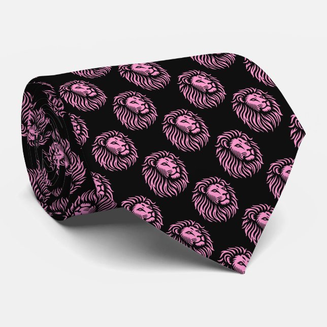 Lion's Head Pattern - Pink on Black Tie (Rolled)