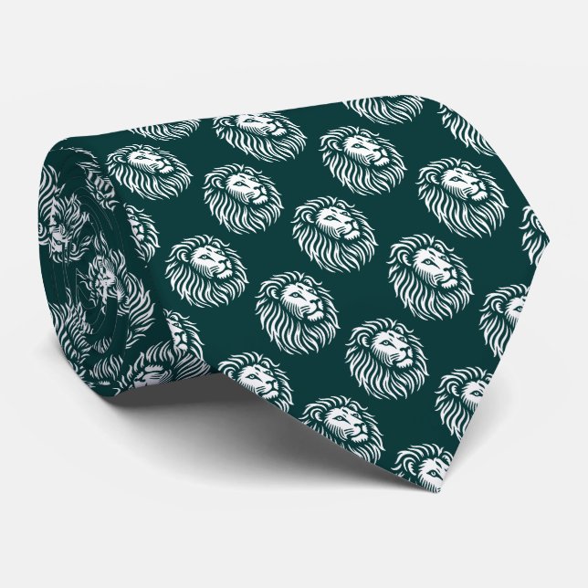 Lion's Head Pattern - White on Dark Green Tie (Rolled)