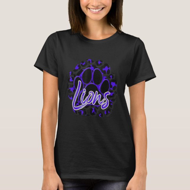 Lions Purple Black Cheetah School Sports Fan Team  T-Shirt (Front)