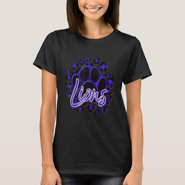 Lions Purple Black Cheetah School Sports Fan Team  T-Shirt (Front)