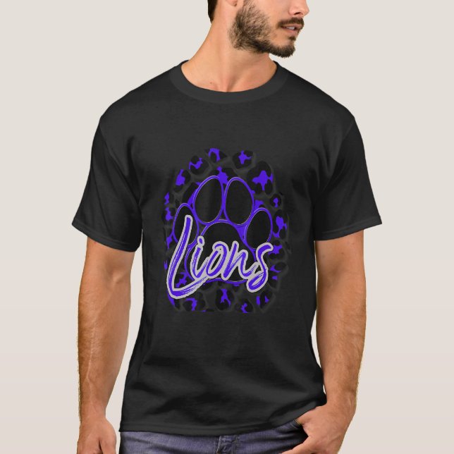 Lions Purple Black Cheetah School Sports Fan Team  T-Shirt (Front)