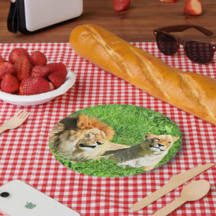Lions Resting Together on Sunlit Grass Paper Plate