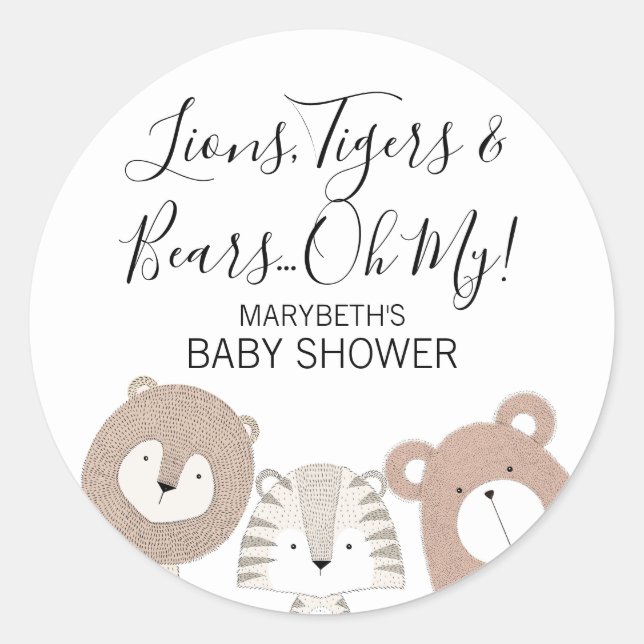 Lions Tigers & Bears Animal Baby Shower Sticker (Front)