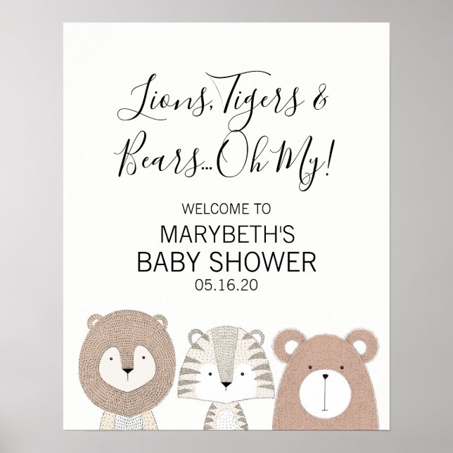 Lions Tigers Bears Animal Baby Shower Welcome Sign (Front)