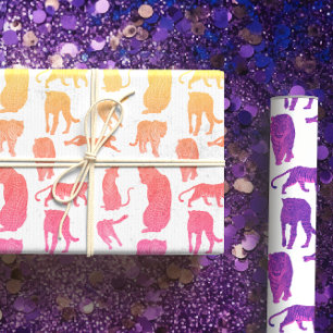 Lions & Tigers Line Art, Hot Pink, Purple, Rainbow Wrapping Paper Sheet