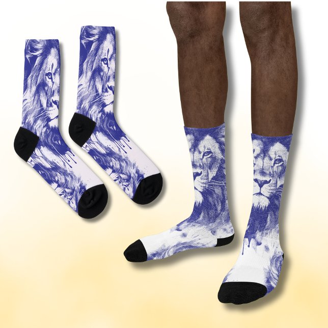 Lions Vintage Blue Pen Illustration  Socks (Creator Uploaded)