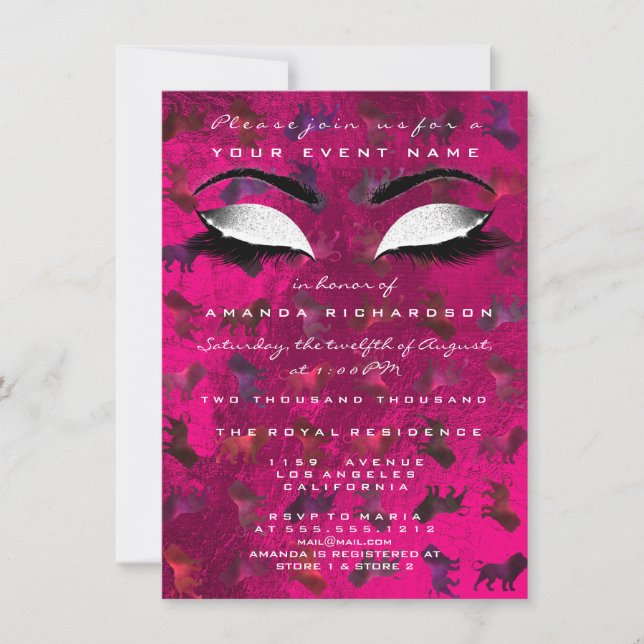 Lions Vivid Pink Makeup White Glitter 16th Bridal Invitation (Front)
