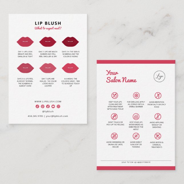 Lip Blush Aftercare Instructions PMU Instruction Business Card (Front/Back)