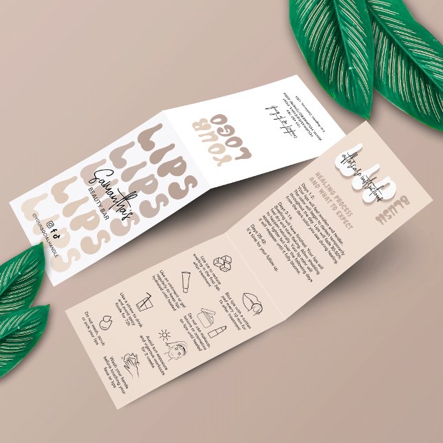 Lip Blush Care Instructions Retro Beige Logo PMU Business Card (Lip Blush after care instructions cards in trendy design with care icons and space for your logo)