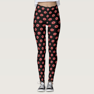 Lip Print Leggings Black Red kiss Pants