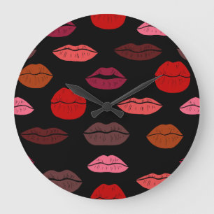 Lip print, red pink kisses. large clock