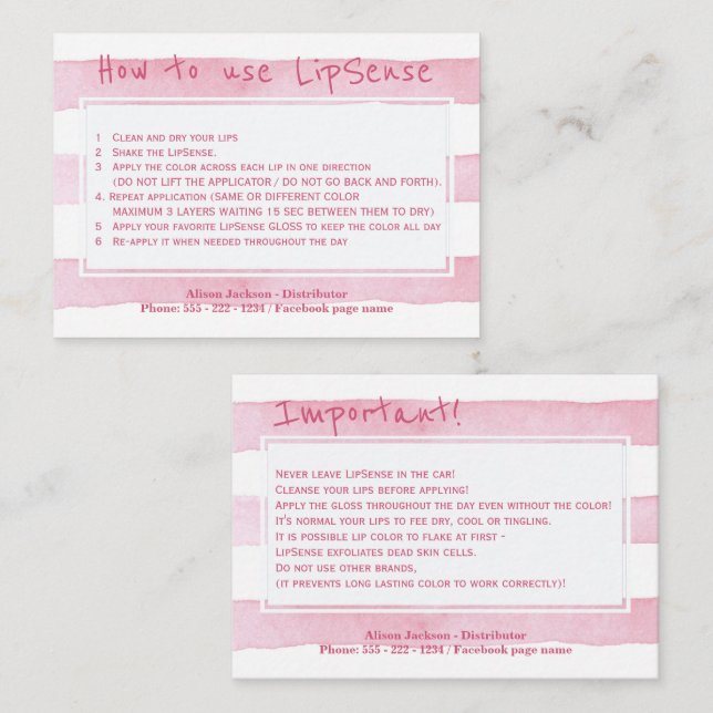 Lip product distributor application instructions business card (Front/Back)