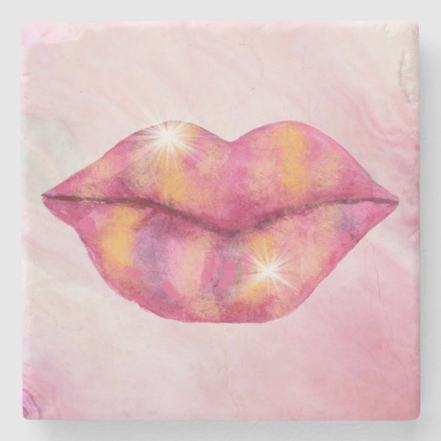 Lip Stone Coasters in Pink & Gold Colour (Front)