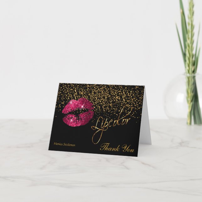 Lipcolor Hot Pink Lips on Black Thank You Card (Front)
