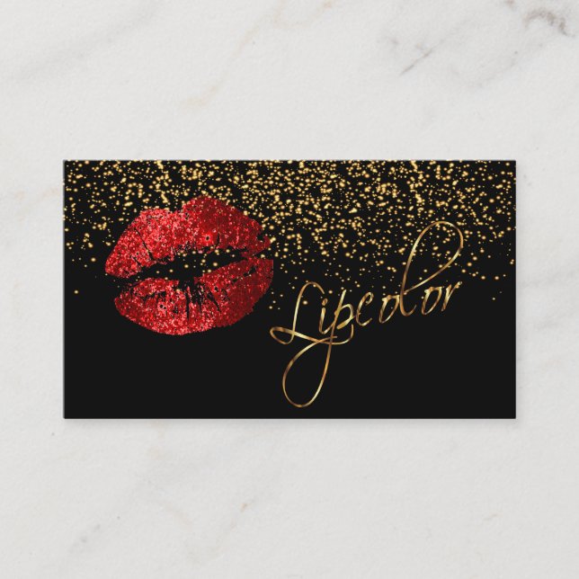Lipcolor with Gold Confetti & Red Lips Business Card (Front)