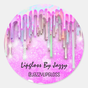 Lipgloss Makeup Drips Packaging Pink Glitter Classic Round Sticker