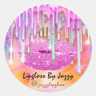 Lipgloss Makeup Drips Packaging Pink Holographic Classic Round Sticker