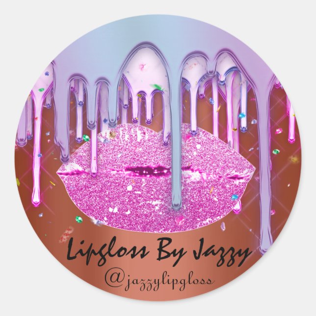 Lipgloss Makeup Pink Brown Drip Glitter Cosmetics Classic Round Sticker (Front)