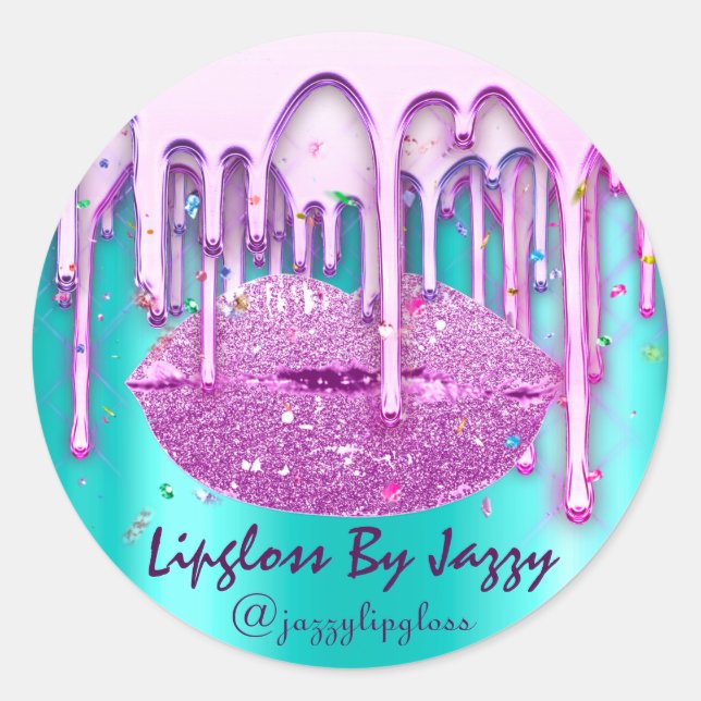 Lipgloss Makeup Pink Confetti Drips Packaging Classic Round Sticker (Front)
