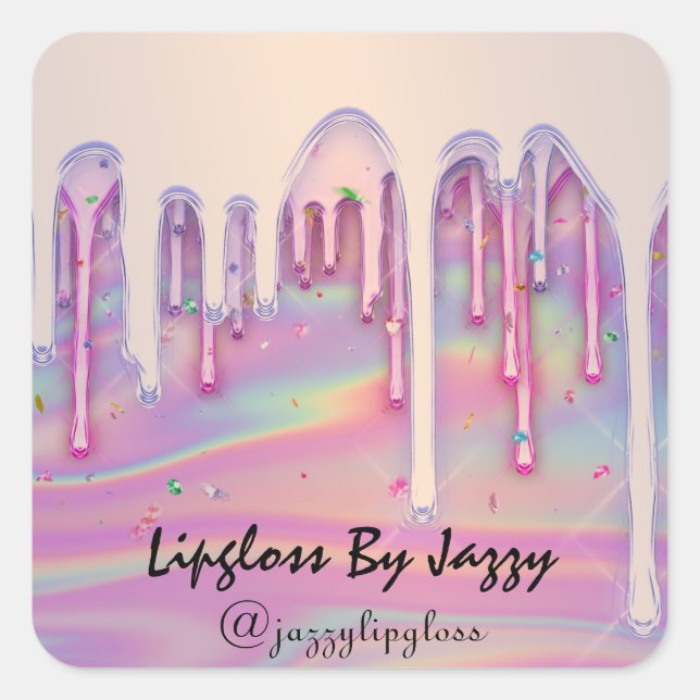 Lipgloss Makeup Pink Rose  Drips Holograph Square Sticker (Front)