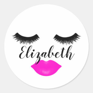 Lips and Eyelashes Custom Name Classic Round Sticker