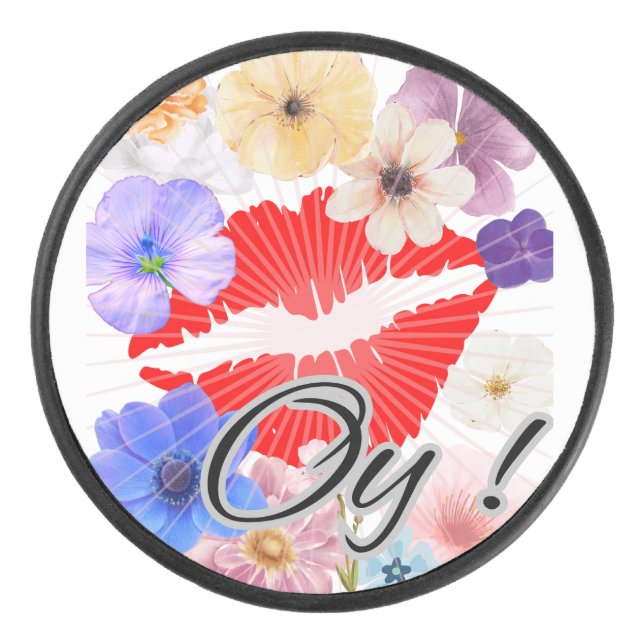 Lips and flowers hockey puck (Front)