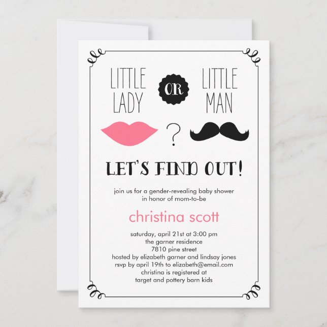 Lips and Moustache Gender Reveal Baby Shower Invit Invitation (Front)