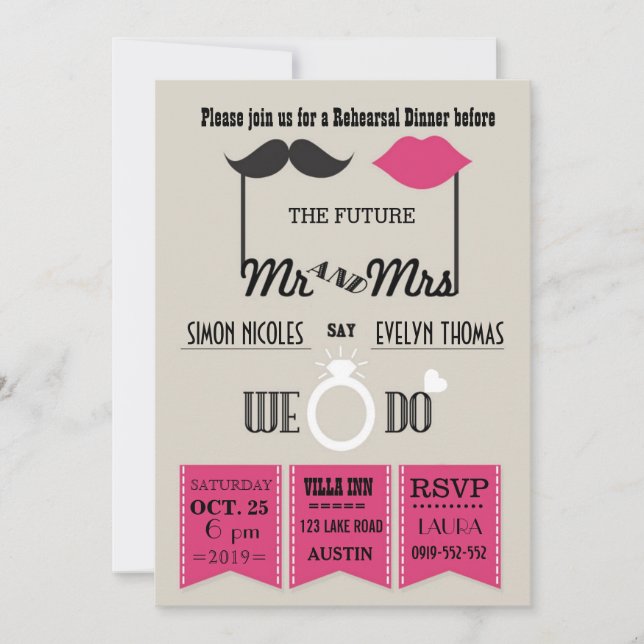 Lips and Moustache Typography Chic Rehearsal Dinne Invitation (Front)
