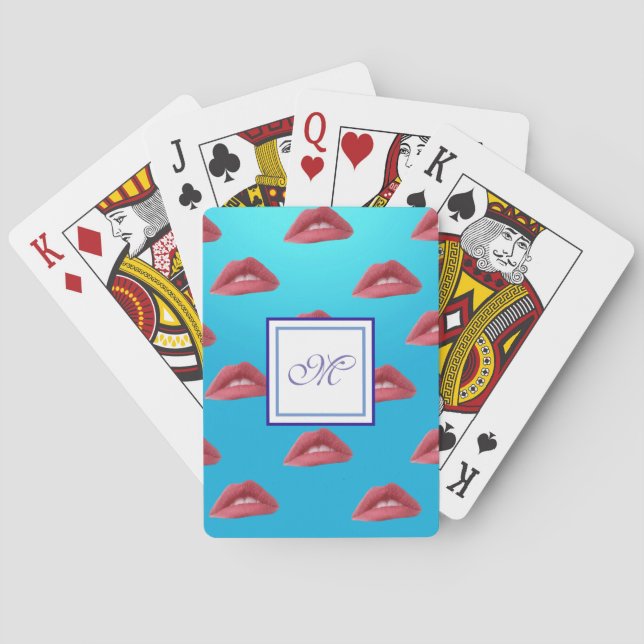 Lips & Blue Background Monogram Playing Cards (Back)