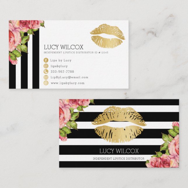Lips Business Cards, Floral Black & White Stripes Business Card (Front/Back)