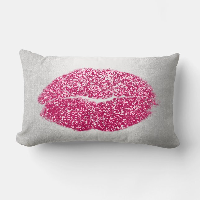 Lips Glitter Grey Bright Pink Makeup Kiss Silver Lumbar Cushion (Front)