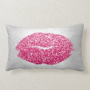 Lips Glitter Grey Bright Pink Makeup Kiss Silver Lumbar Cushion