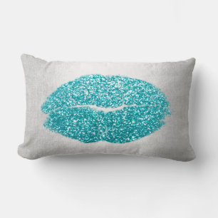 Lips Glitter Grey Ocean Turquoise Makeup Kiss Sky Lumbar Cushion