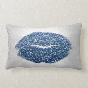 Lips Glitter Grey Pastel Denim Makeup Kiss Silver Lumbar Cushion