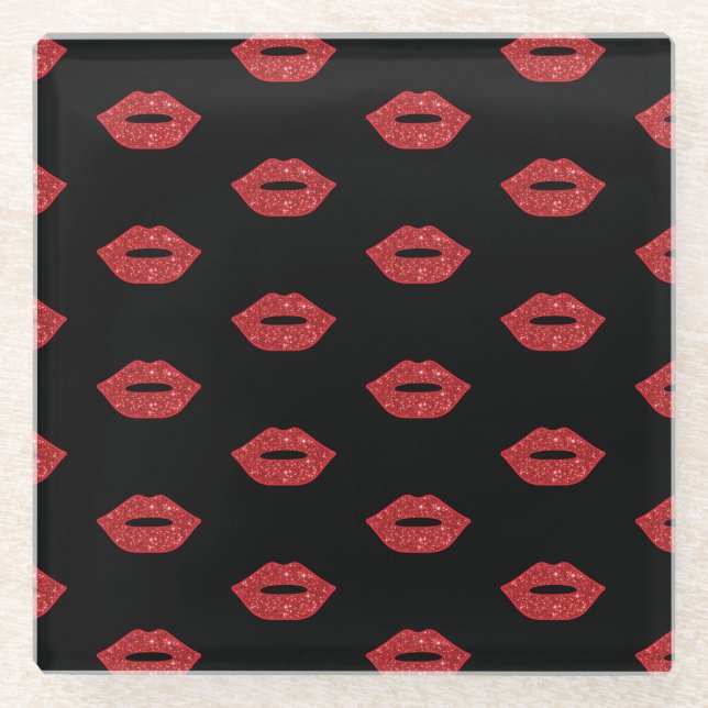 Lips Glitter Kisses Elegant Feminine Girly Makeup Glass Coaster (Front)