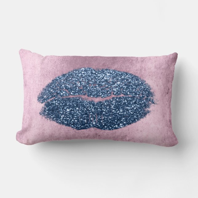 Lips Glitter Pink Grungy Denim Makeup Kiss Silver Lumbar Cushion (Front)