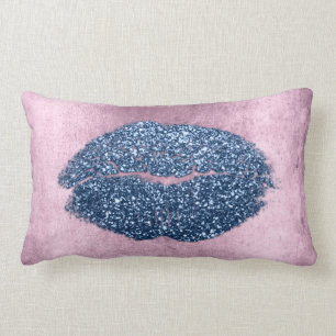 Lips Glitter Pink Grungy Denim Makeup Kiss Silver Lumbar Cushion