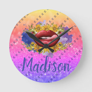 Lips Licking Custom Glitter Name Personalised Round Clock