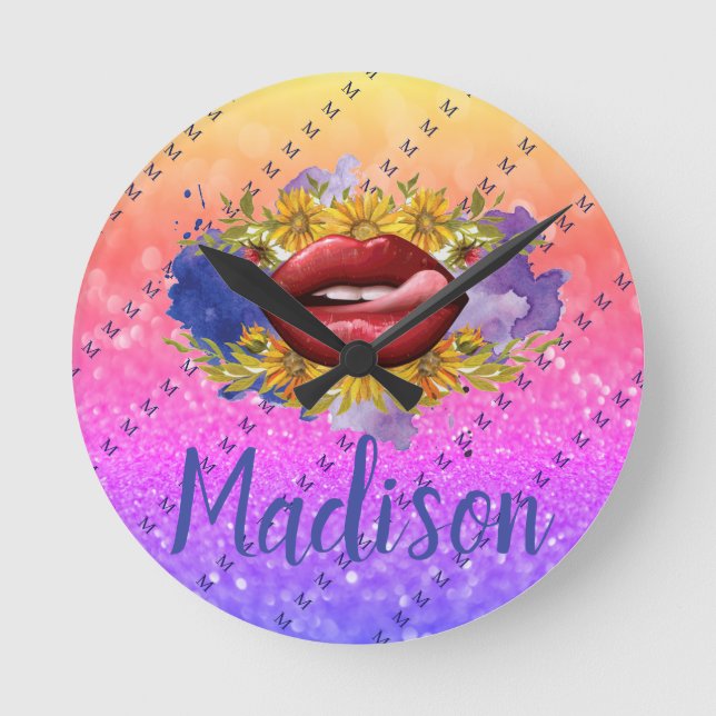Lips Licking Custom Glitter Name Personalised Round Clock (Front)
