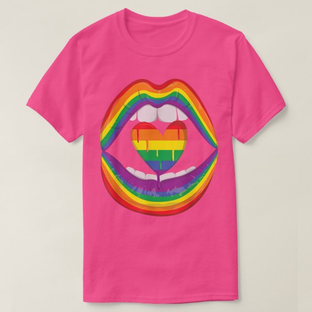 Lips Mouth Rainbow Heart Gay LGBTQ LGBT Pride Mont T-Shirt (Design Front)
