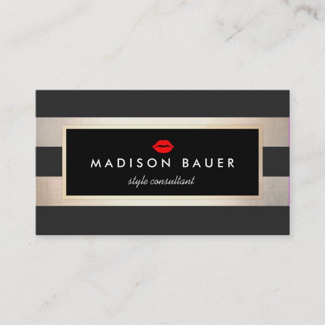 Lips on Modern Striped Black and FAUX Gold Salon Business Card (Front)