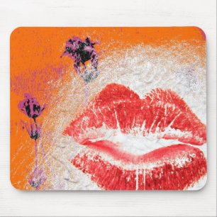 Lips on Orange Background Purple Flowers Mouse Mat