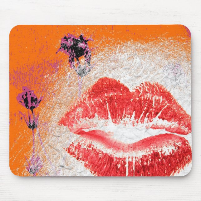 Lips on Orange Background Purple Flowers Mouse Mat (Front)