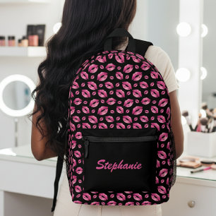 Lips Pattern Cute Pink & Black Printed Backpack
