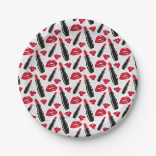 Lipstick And Lips Polka Dot Pattern Paper Plate
